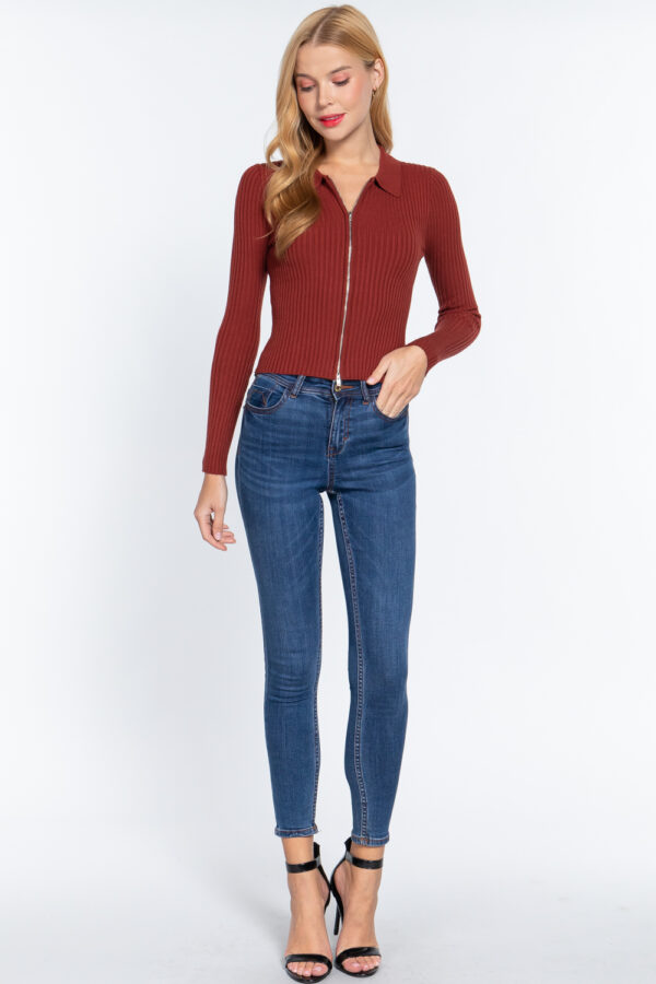Notched Collar Zippered Knit Sweater – Brick