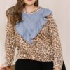 Plus Size Contrast Washed Denim Top with Leopard Yoke – Brown Denim