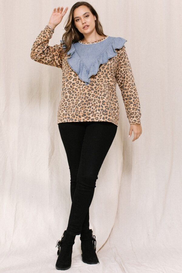 Plus Size Contrast Washed Denim Top with Leopard Yoke – Brown Denim
