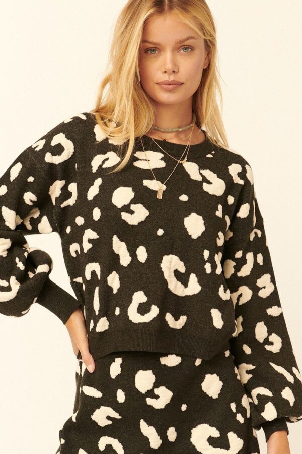 Leopard Print Pullover Sweater – Bell Sleeves, Black