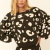Leopard Print Pullover Sweater – Bell Sleeves, Black