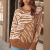 Zebra Print Pullover Sweater – Oversized Crewneck in Camel