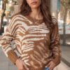 Zebra Print Pullover Sweater – Oversized Crewneck in Camel