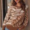 Zebra Print Pullover Sweater – Oversized Crewneck in Camel