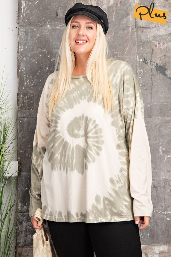 Plus Size Long-Sleeve Spiral Tie-Dye Knit Top – Faded Sage