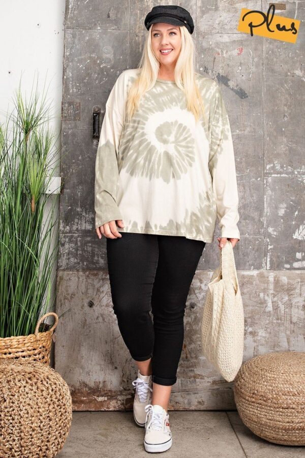 Plus Size Long-Sleeve Spiral Tie-Dye Knit Top – Faded Sage