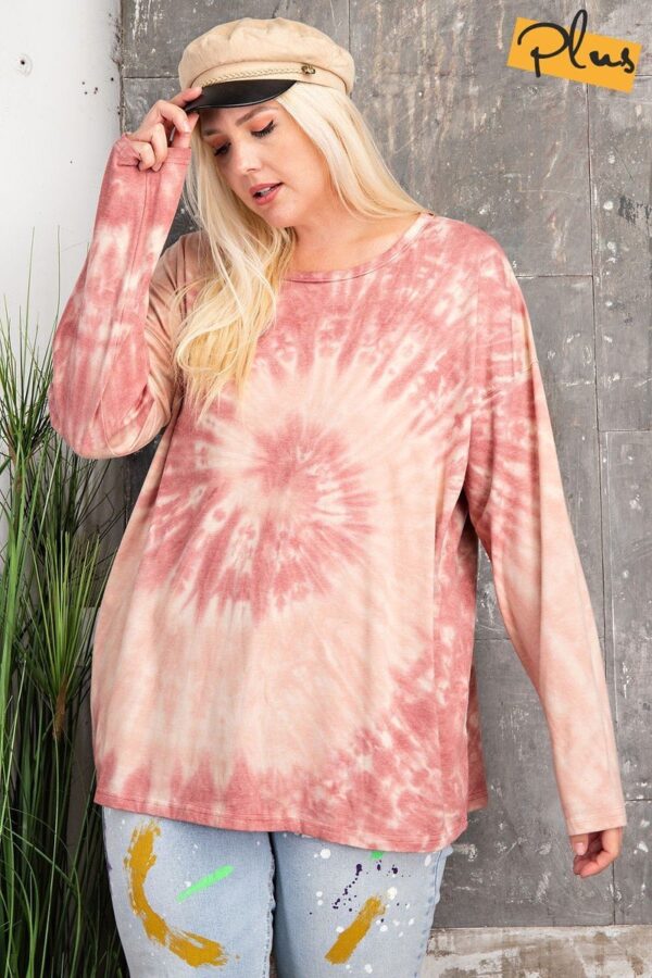 Plus Size Long-Sleeve Spiral Tie-Dye Knit Top – Faded Plum
