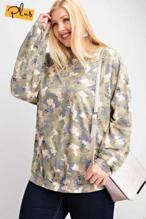 Plus Size Distressed Camo Pullover Top – Faded Sage