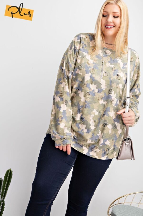 Plus Size Distressed Camo Pullover Top – Faded Sage