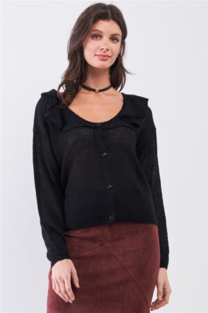 Bertha-Collar Button-Front Cardigan – Black