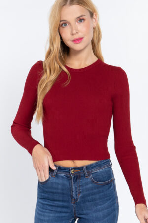 Long Sleeve Open-Back Sweater Top – Wine