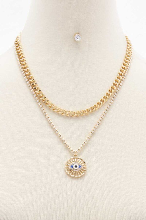 Layered Eye Charm Necklace with Rhinestones – Gold