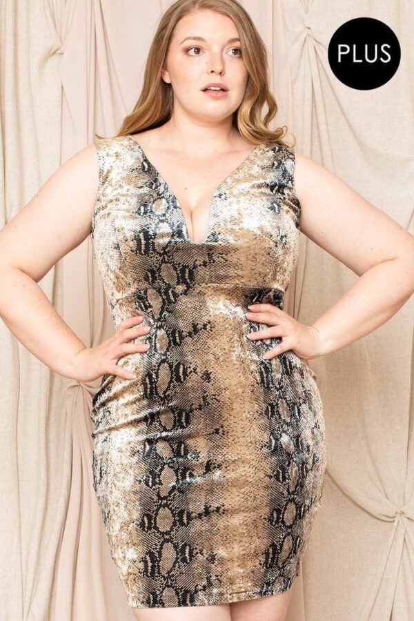 Velour Snake-Print Plus Mini Dress – Deep V (Mocha)