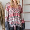 Aztec Print Ruffle-Sleeve Sweater – Red
