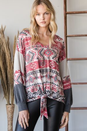Aztec Print Ruffle-Sleeve Sweater – Red