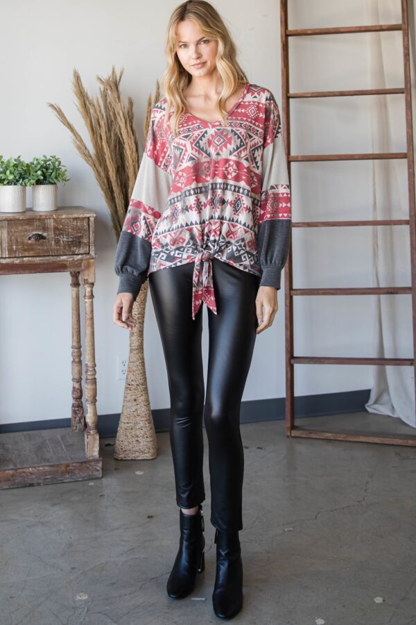 Aztec Print Ruffle-Sleeve Sweater – Red