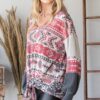 Aztec Print Ruffle-Sleeve Sweater – Red