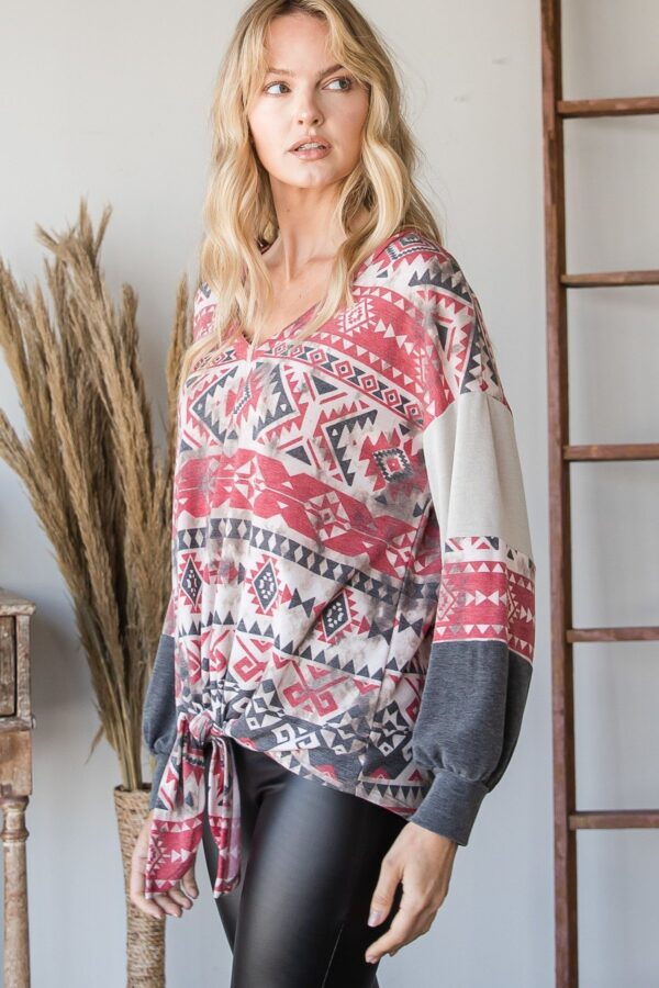 Aztec Print Ruffle-Sleeve Sweater – Red