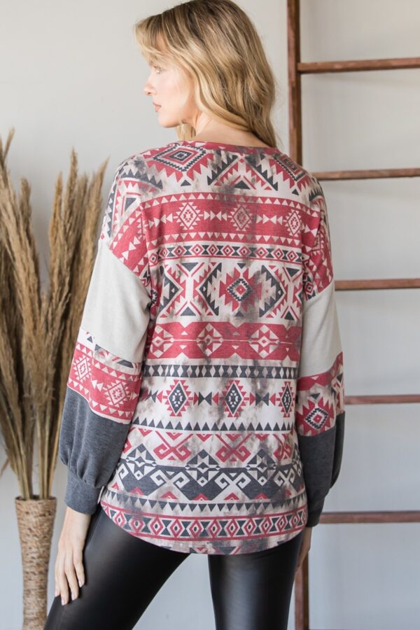 Aztec Print Ruffle-Sleeve Sweater – Red