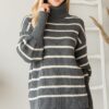 Heavy Knit Striped Turtleneck Sweater – Grey