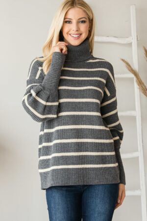 Heavy Knit Striped Turtleneck Sweater – Grey