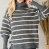 Heavy Knit Striped Turtleneck Sweater – Grey