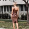 Faux Leather One-Shoulder Cut-Out Midi Dress – Brown