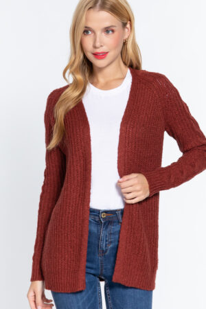 Open-Front Long Sleeve Sweater Cardigan – Brick