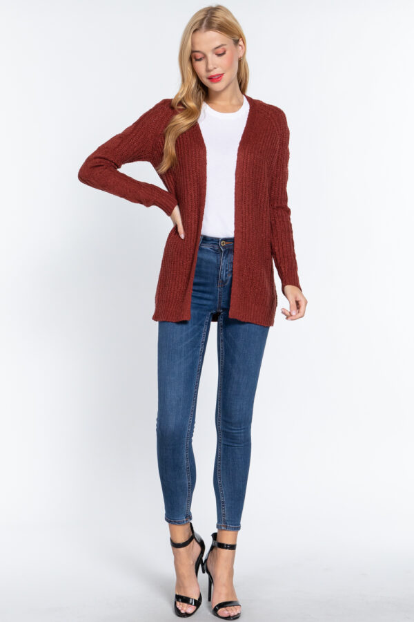 Open-Front Long Sleeve Sweater Cardigan – Brick