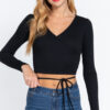 Long-Sleeve Surplice Wrap Rib Knit Top – Black