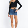 Long-Sleeve Surplice Wrap Rib Knit Top – Black