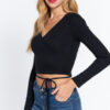 Long-Sleeve Surplice Wrap Rib Knit Top – Black