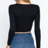 Long-Sleeve Surplice Wrap Rib Knit Top – Black