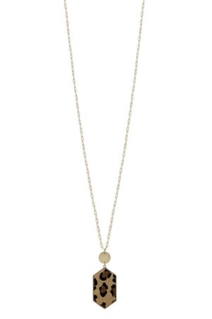 Hexagon Leopard Pendant Long Necklace – Metal Chain