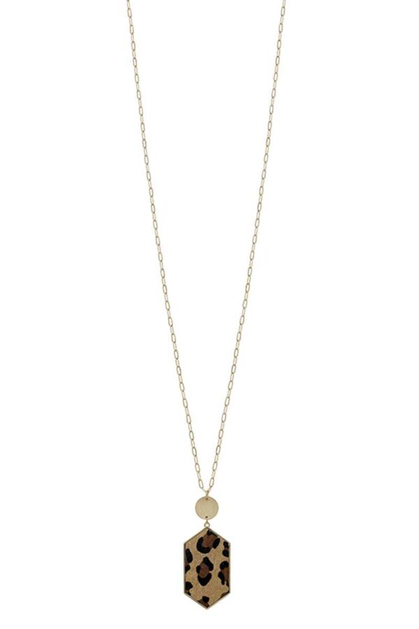 Hexagon Leopard Pendant Long Necklace – Metal Chain