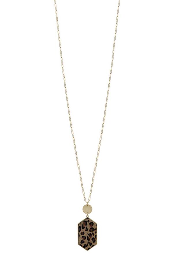 Hexagon Leopard Pendant Long Necklace – Metal Chain