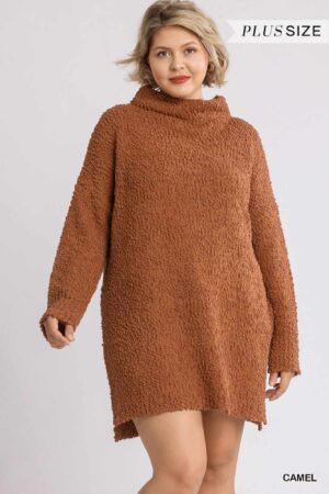 Plus Size High Cowl Neck Boucle Sweater Dress – Camel