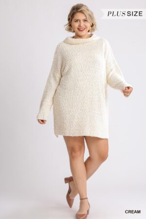 Plus Size High Cowl Neck Boucle Sweater Dress – Cream