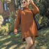 Plus Size High Cowl Neck Boucle Sweater Dress – Camel