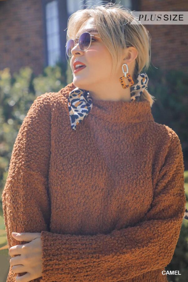Plus Size High Cowl Neck Boucle Sweater Dress – Camel