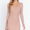 Long-Sleeve V-Neck Rib Mini Dress – Pale Pink