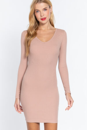 Long-Sleeve V-Neck Rib Mini Dress – Pale Pink