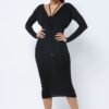 Long Sleeve Midi Dress – Low V-Neck & Ruching, Black