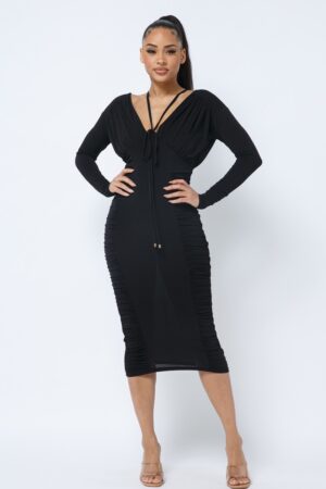 Long Sleeve Midi Dress – Low V-Neck & Ruching, Black