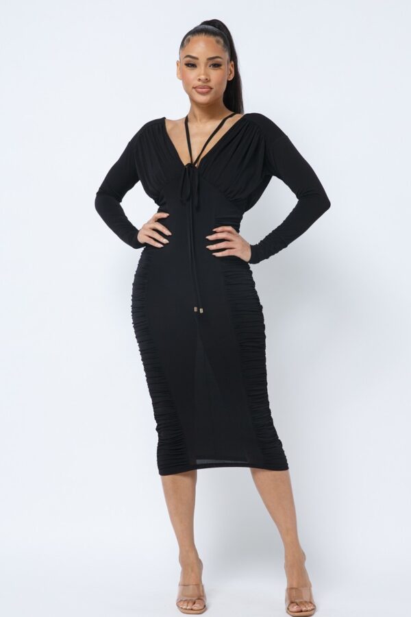 Long Sleeve Midi Dress – Low V-Neck & Ruching, Black