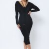 Long Sleeve Midi Dress – Low V-Neck & Ruching, Black