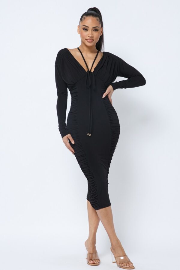 Long Sleeve Midi Dress – Low V-Neck & Ruching, Black