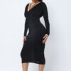 Long Sleeve Midi Dress – Low V-Neck & Ruching, Black