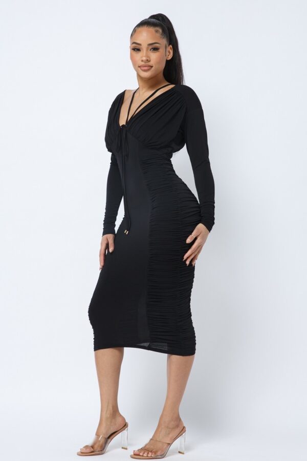 Long Sleeve Midi Dress – Low V-Neck & Ruching, Black