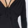 Long Sleeve Midi Dress – Low V-Neck & Ruching, Black